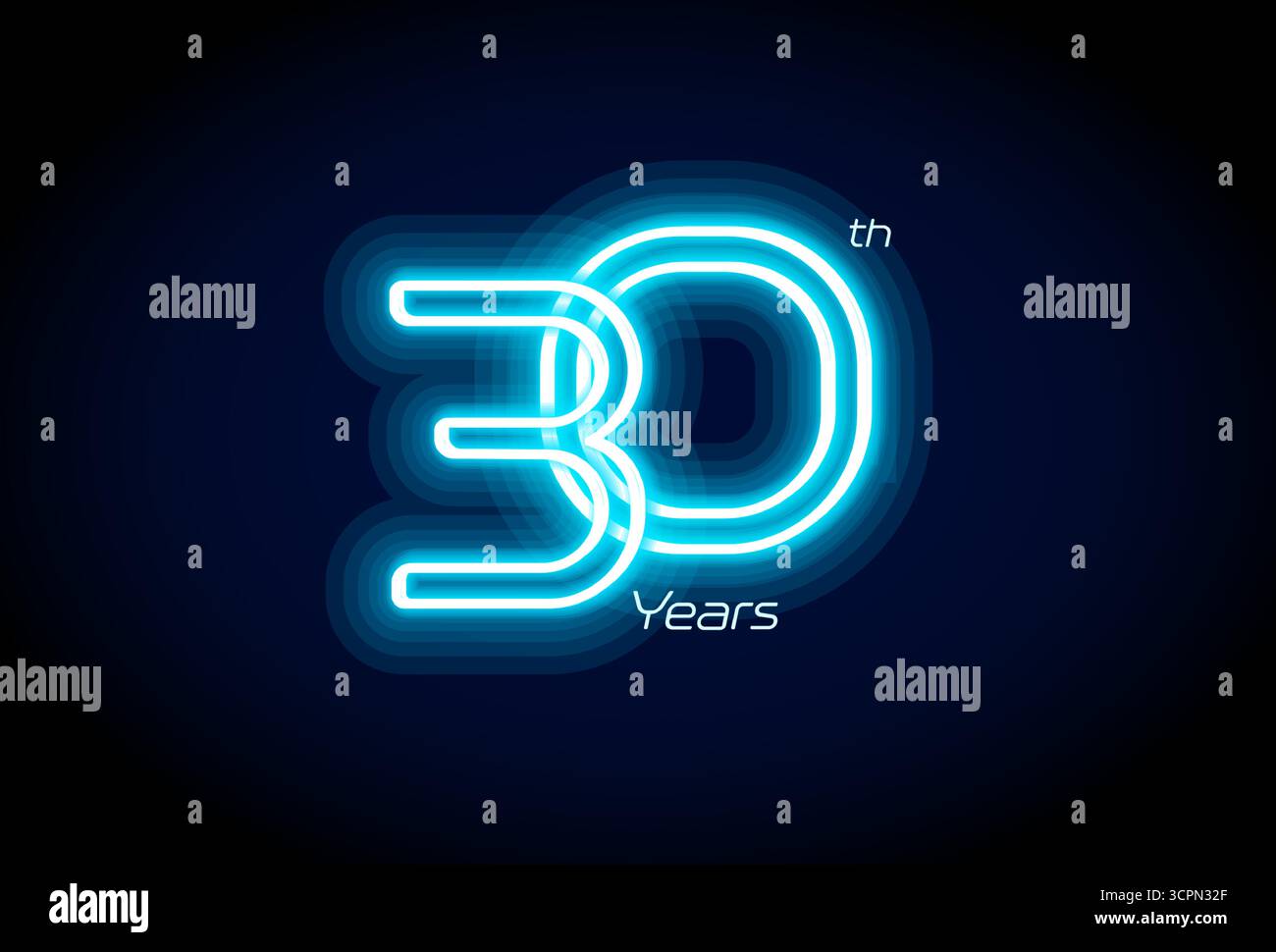Numéro de néon bleu trente ans, logo du 30e anniversaire sur fond noir. Signe de jubilé lumineux brillant pour emblème de célébration de la partie d'événement cyber Illustration de Vecteur