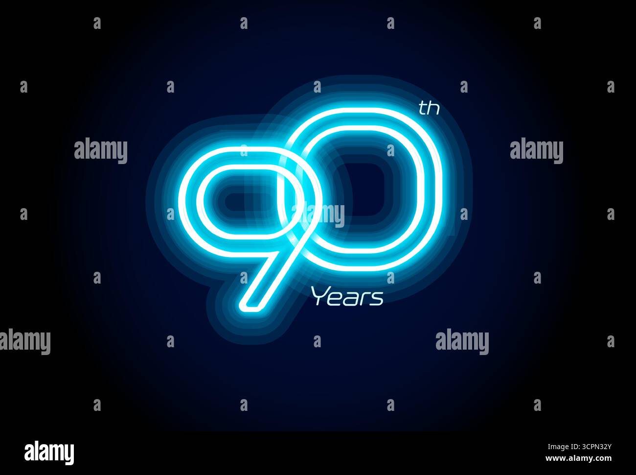 Néon bleu numéro quatre-vingt-dix ans, logo du 90e anniversaire sur fond noir. Signe de jubilé lumineux brillant pour emblème de célébration de la partie d'événement cyber Illustration de Vecteur