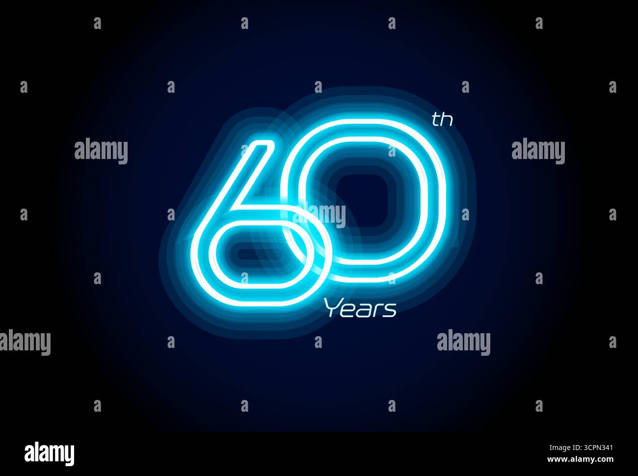 Néon bleu numéro soixante ans, logo du 60e anniversaire sur fond noir. Signe de jubilé lumineux brillant pour emblème de célébration de la partie d'événement cyber Illustration de Vecteur