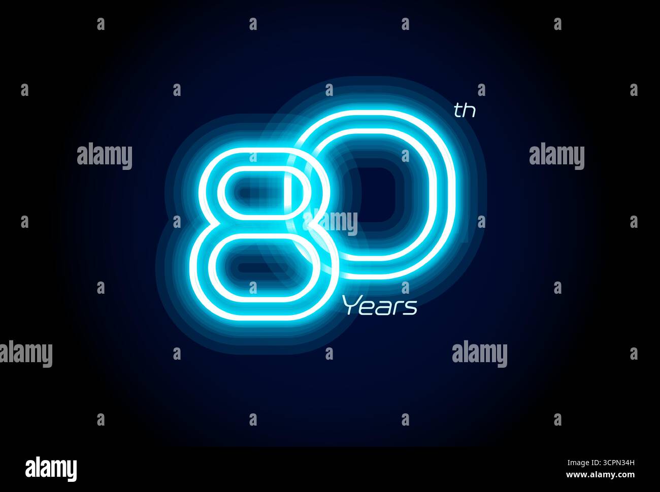 Néon bleu numéro quatre-vingts années, logo du 80e anniversaire sur fond noir. Signe de jubilé lumineux brillant pour emblème de célébration de la partie d'événement cyber Illustration de Vecteur