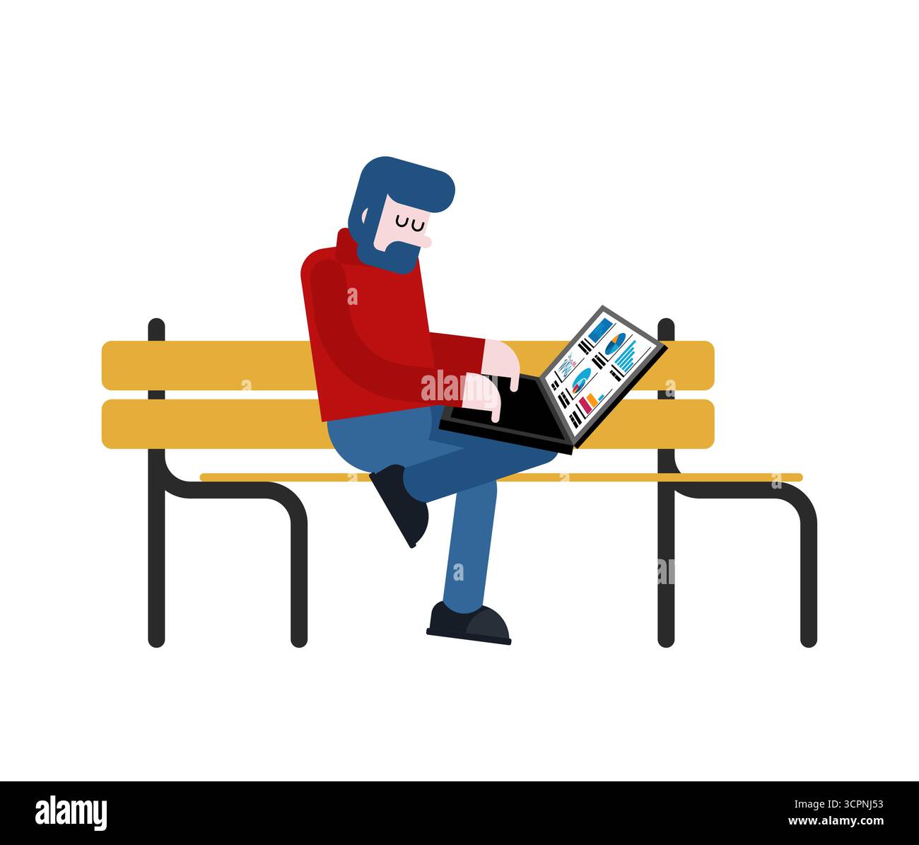 homme assis sur un banc avec un ordinateur portable. Symbole de la freelance, du bureau mobile, du travail à distance et du style de vie numérique moderne. Illustration de Vecteur