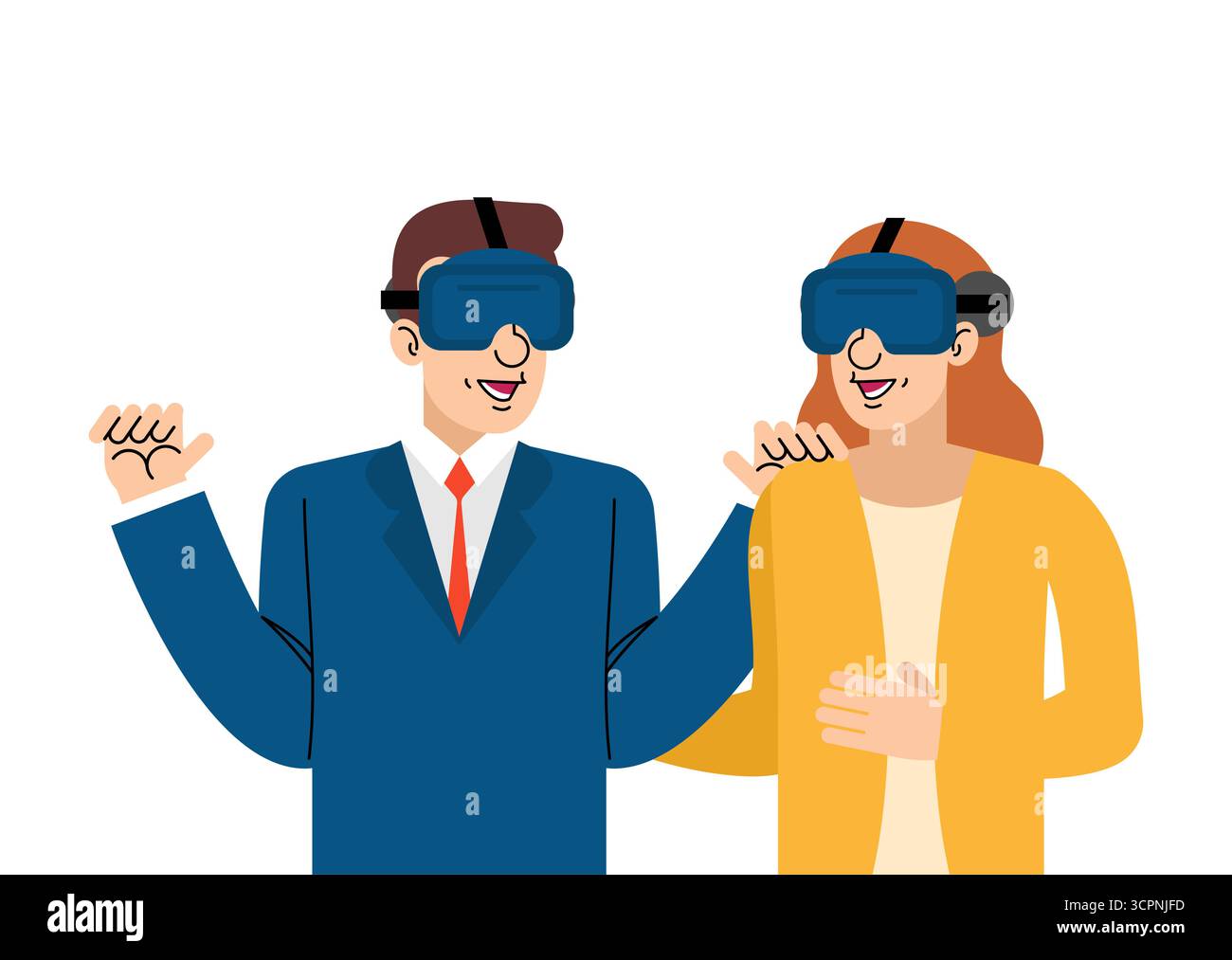 Homme et femme portant des casques de réalité virtuelle, souriant et gestuel, symbolisant le divertissement numérique immersif, la communication et le futur technolo Illustration de Vecteur