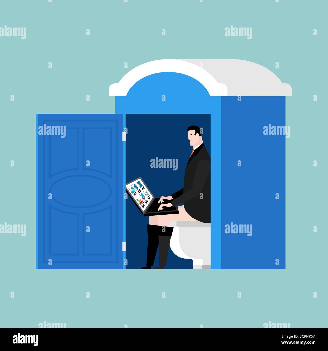homme utilisant un ordinateur portable à l'intérieur des toilettes portables. Symbole du travail à distance, des nomades numériques et un style de vie absurde. Parfait pour l'humour, freelance, et projec de dessin animé Illustration de Vecteur