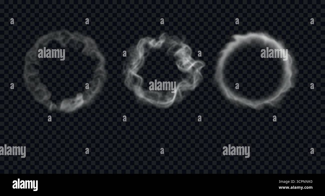 Ensemble de divers anneaux de fumée. Illustration vectorielle. Nuages de vapeur ronds et tourbillons de brume isolés sur fond transparent Illustration de Vecteur