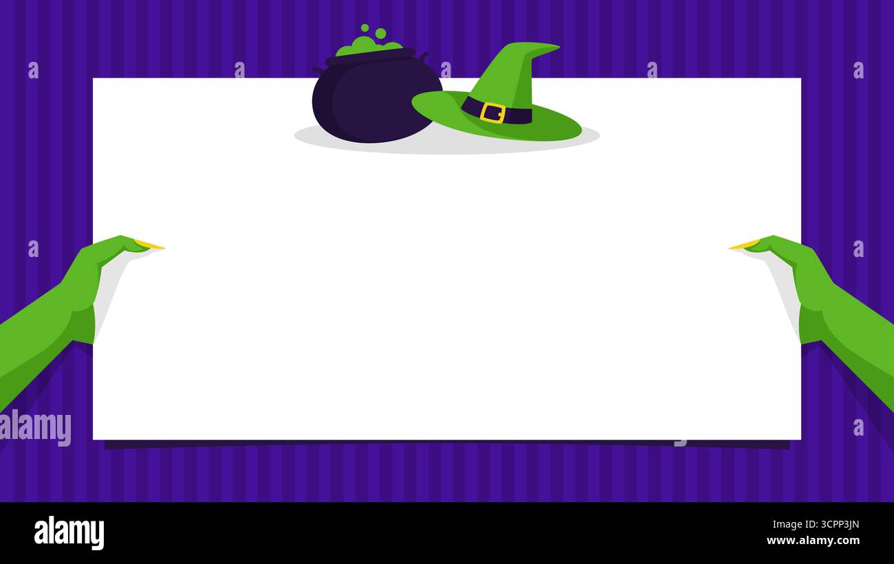 Fond thématique d'Halloween avec une main de sorcière tenant du papier blanc et quelques éléments tels qu'un chapeau et chaudron sur fond rayé violet. Illustration de Vecteur