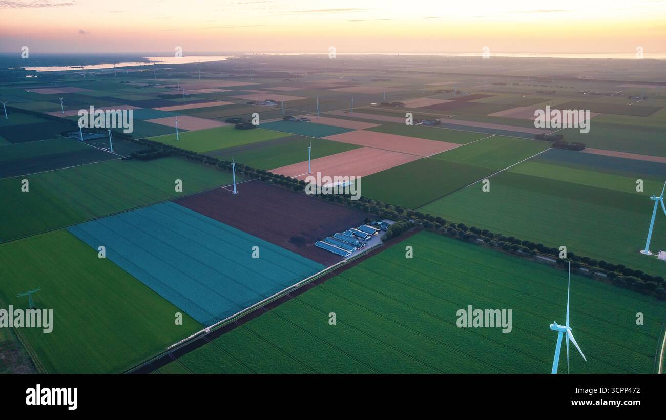 Moulins à vent le long des champs agricoles, après le coucher du soleil. Vue drone du paysage rural du soir avec parc éolien aux pays-Bas. Énergie alternative, Green ener Banque D'Images