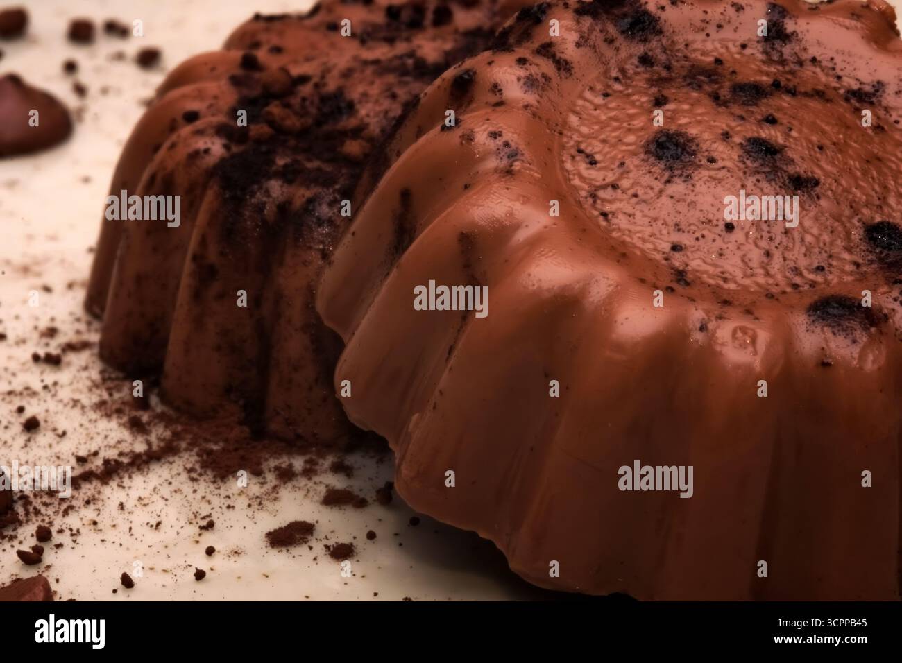 Gros plan de la barre de chocolat avec des poudres de cacao. Ce qui en fait un visuel appétissant pour les amateurs de desserts. Parfait pour les thèmes des desserts au chocolat. Banque D'Images