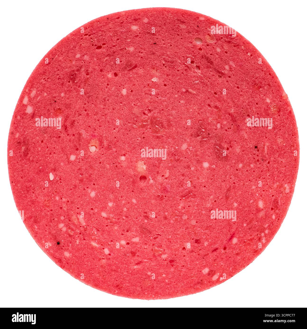Tranche ronde de salami isolée sur fond blanc. Gros plan d'une tranche de salami parfaitement ronde. Motif et taches subtiles de graisse. Banque D'Images