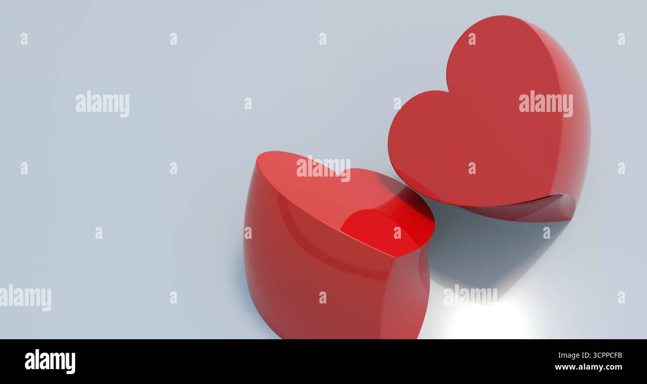 Coeurs rouges brillants sur fond blanc. Cette image saisissante capture deux formes de coeur rouge brillant, symbolisant l'amour et la passion. rendu 3d. Banque D'Images