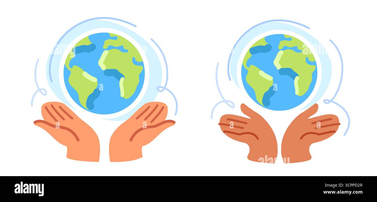 Mains humaines tenant la planète Terre. Protection de l'environnement, sauver le monde, durabilité, respectueux de l'environnement Illustration de Vecteur
