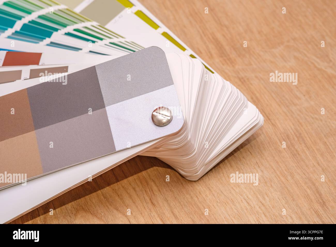Livre d'échantillons de couleur avec des échantillons de peinture sur la surface en bois. Les échantillons sont fixés avec une attache métallique, créant un organisé. Banque D'Images
