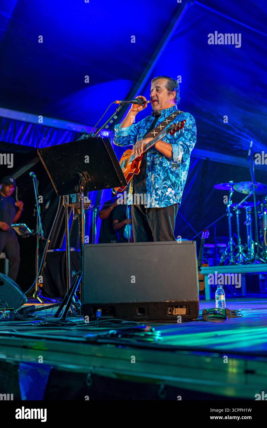 Le chanteur Rui Veloso avec son groupe se produisant au spectacle Lusofonia qui a eu lieu dans le jardin municipal d'Oeiras, au Portugal. Banque D'Images