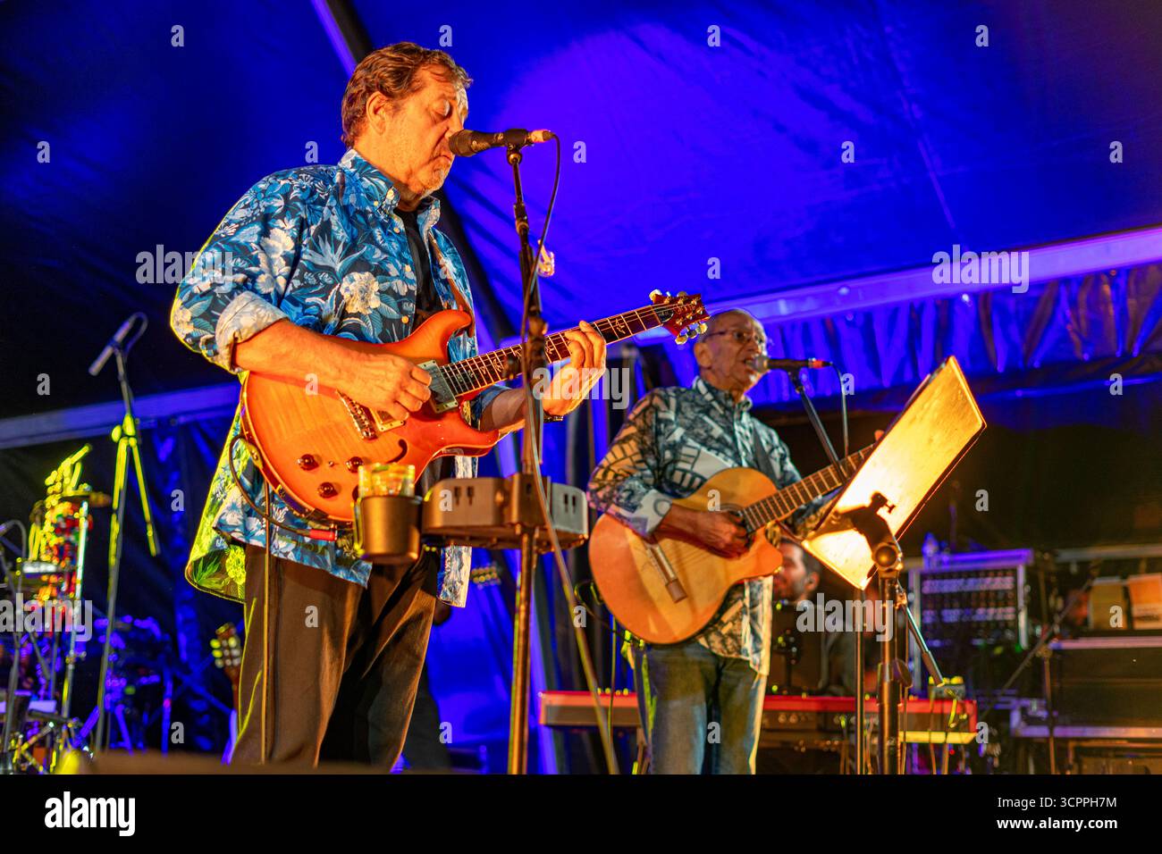 La chanteuse Rui Veloso et Dani Silva avec leur groupe se produisant au spectacle Lusofonia qui a eu lieu dans le jardin municipal d'Oeiras, Portugal. Banque D'Images