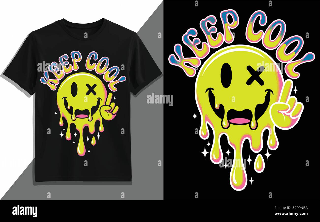Keep Cool Melting Smiley visage illustration vectorielle - drôle Dripping Emoji dessin animé T-shirt design avec typographie rétro Illustration de Vecteur