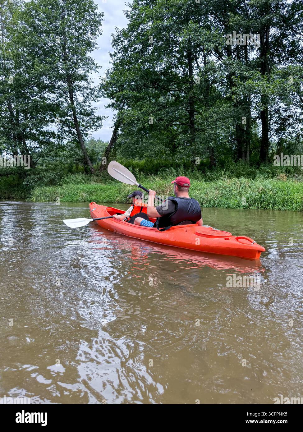 Vue arrière d'un père et son fils faisant du kayak ensemble sur une rivière paisible, capturant les liens familiaux, les loisirs en plein air et l'aventure estivale - Image de stock capturée avec un smartphone