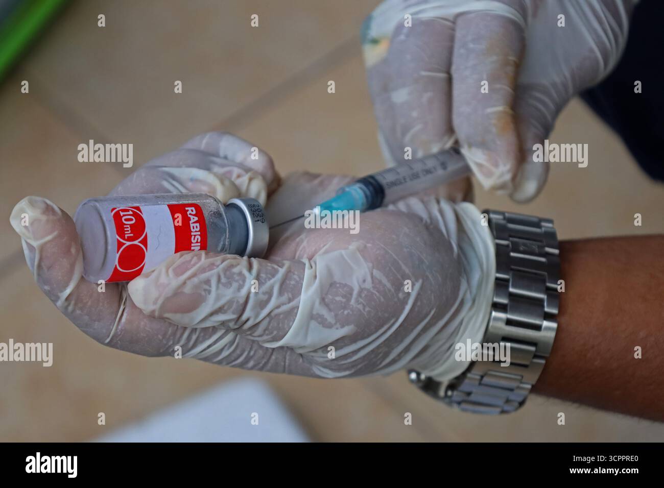 Aceh Besar, Aceh, Indonésie. 27 septembre 2025. Un médecin prépare une dose de vaccin antirabique lors de la commémoration de la Journée mondiale de la rage 2025 dans le district de Pulo Aceh, régence d'Aceh Besar, Aceh, Indonésie, le samedi 27 septembre, 2025. cette action de service social menée en collaboration avec l'Association indonésienne des chats (ICA) Aceh, les amoureux des chats Banda Aceh (CLBA) et les membres du gouvernement de la régence d'Aceh Besar s'inscrit dans le cadre d'activités préventives visant à prévenir la propagation de la rage dans les îles périphériques de l'Indonésie par des injections de vaccin contre la rage chez les chats errants, les chats et les chiens de compagnie. (Crédit image : © Khairu Syukrillah/ZUMA Banque D'Images