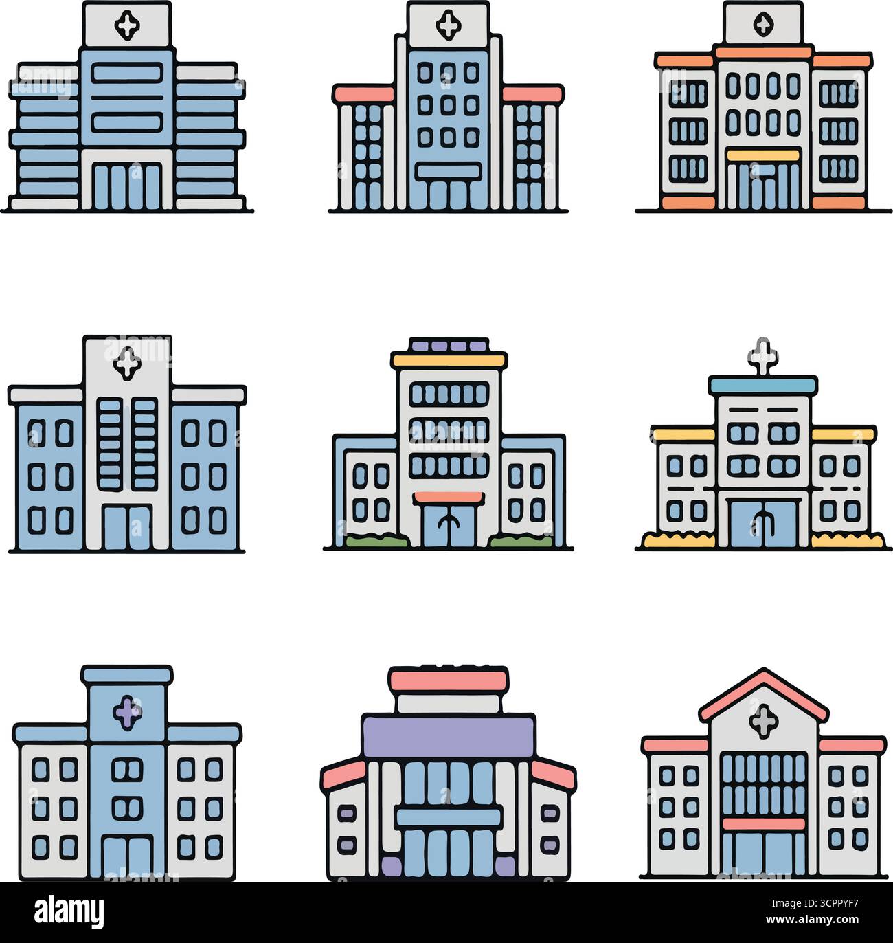 Illustrations des ensembles d'icônes de bâtiments hospitaliers Illustration de Vecteur