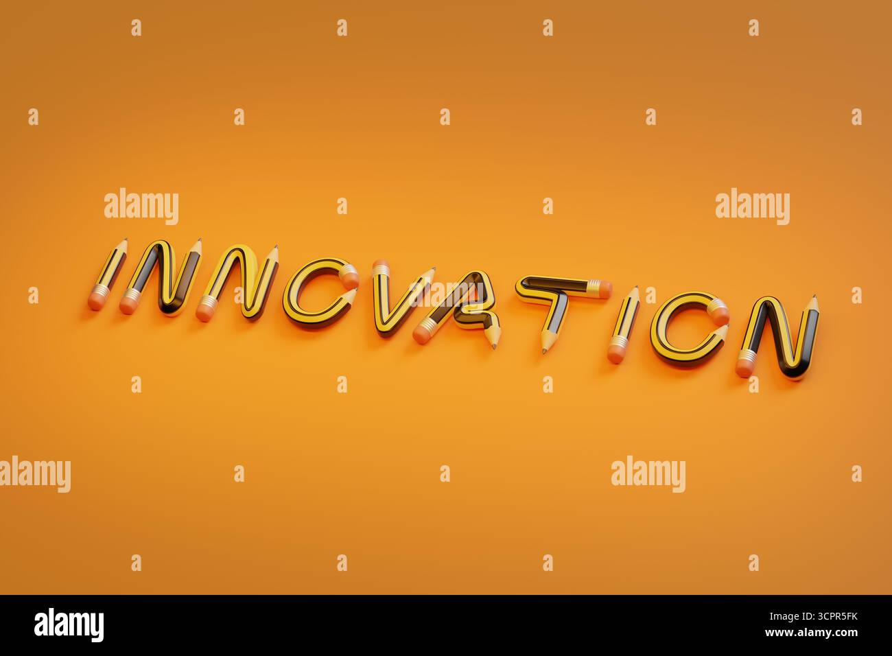 Le mot "innovation" écrit avec des crayons. Illustration 3D. Banque D'Images