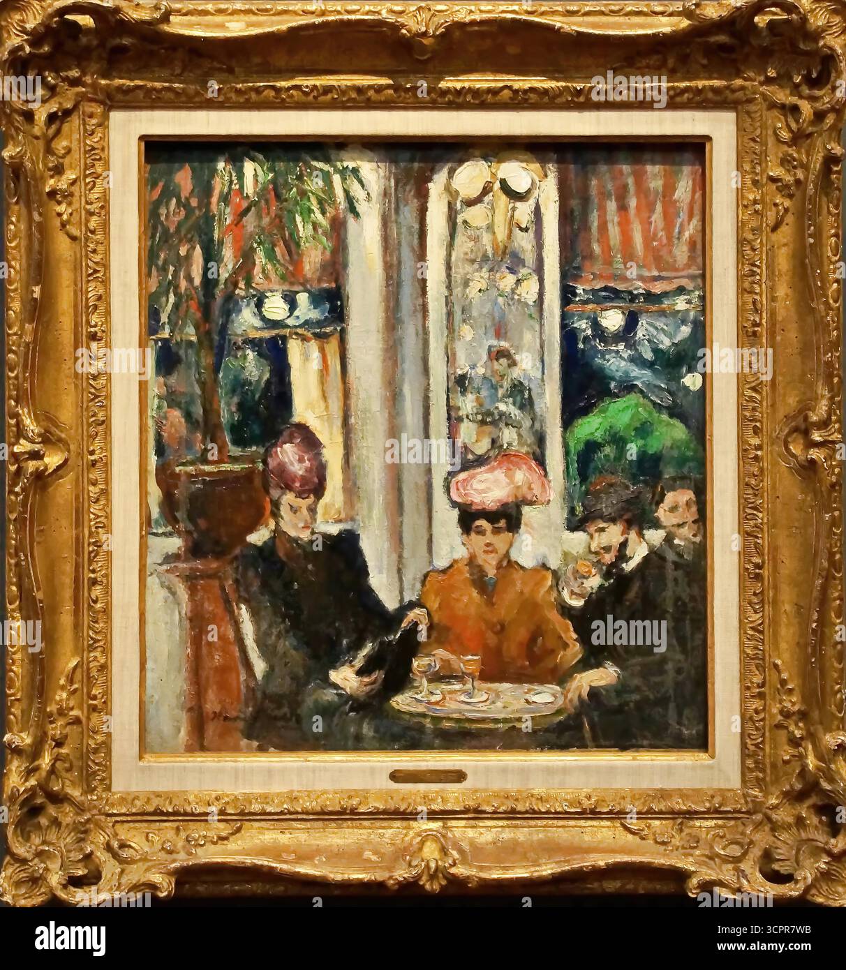 Émile‑Othon Friesz, scène dans une brasserie parisienne (1906), intérieur de café fauviste avec trois figures et lustre en miroir. Illustration de Vecteur