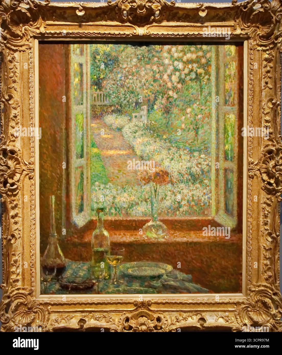 Henri le Sidaner, fenêtre avec œillets, Gerberoy (1908), tons doux, vue de l'intérieur sur le jardin avec table et fleurs. Illustration de Vecteur