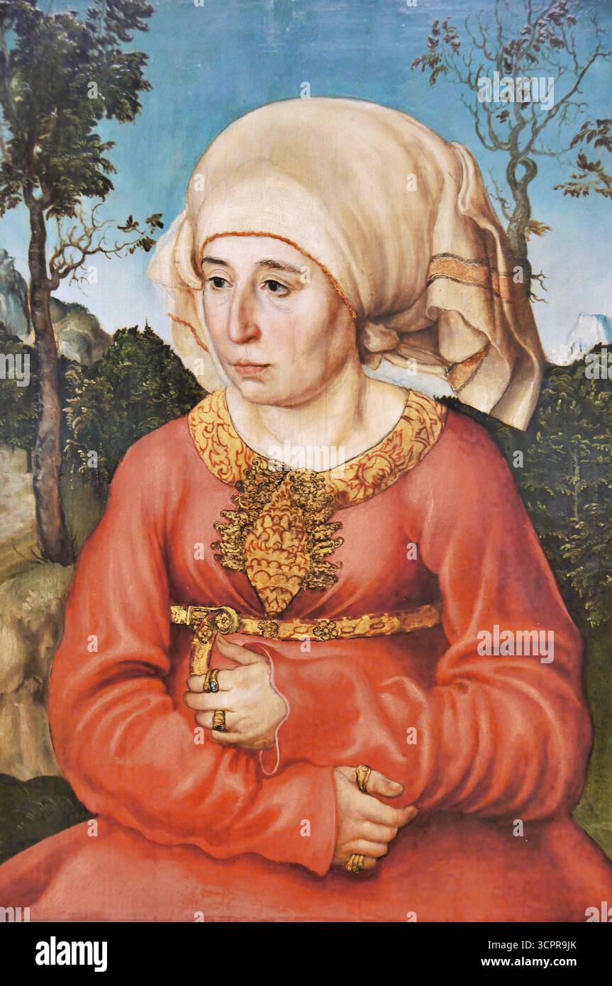 Lucas Cranach l'ancien, Portrait de la femme d'un juriste (1503), huile et tempera sur panneau, gardien à mi-longueur devant un paysage partagé. Illustration de Vecteur