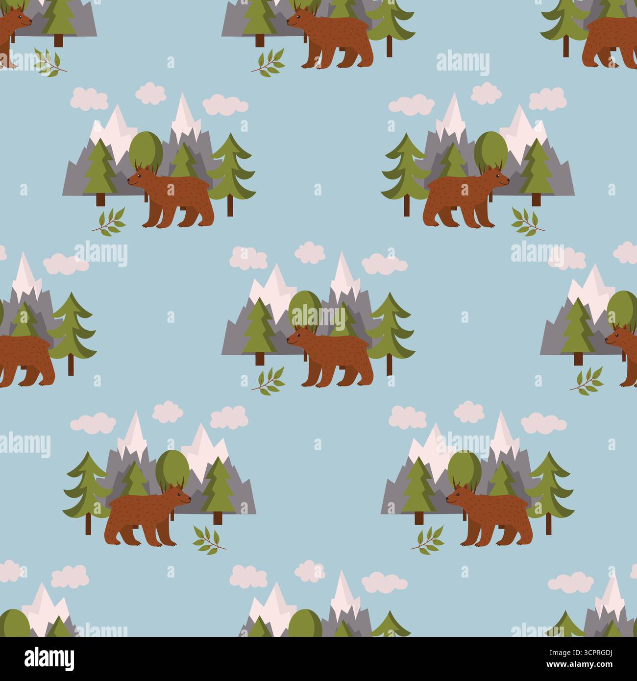 Modèle sans couture avec thème de camping avec ours brun, montagnes et arbres sur fond bleu dans l'ordre des pois. Design nature de style cartoon plat Illustration de Vecteur