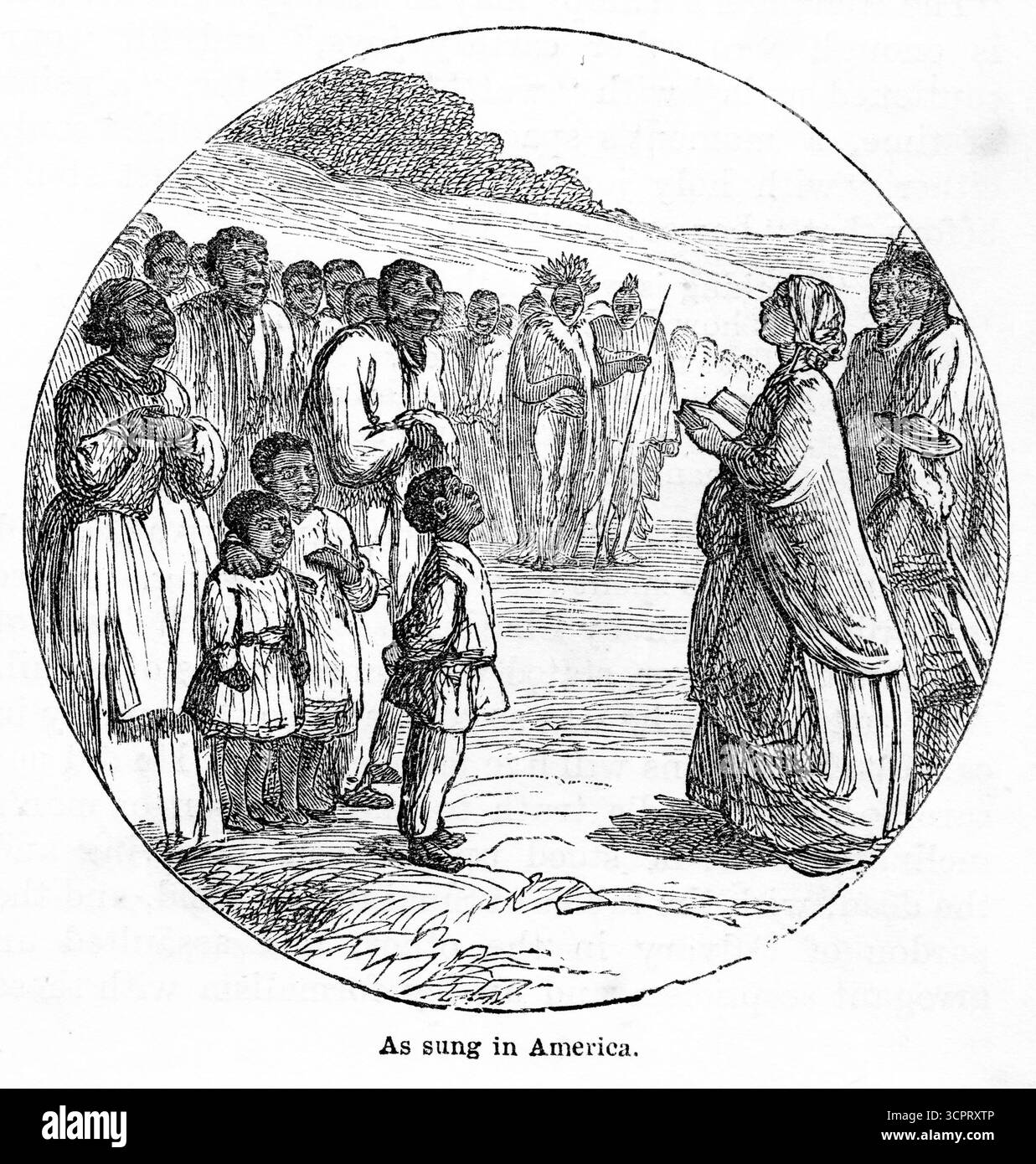 Gravure de missionnaires menant le chant des hymnes chez les indiens d'Amérique du Nord, vers 1860 Banque D'Images