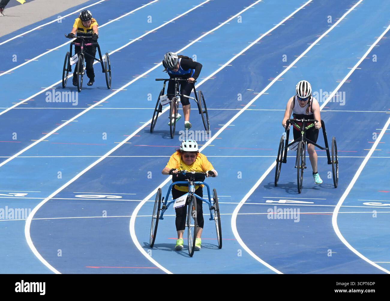 NEW DELHI, INDE - 20 SEPTEMBRE : participantes à la finale du 100m T71 féminin le premier jour des Championnats du monde de para Athlétisme New Delhi 2025 au Jawaharlal Nehru Stadium, le 20 septembre 2025 à New Delhi, Inde. Photo Sonu Mehta/Hindustan Times Championnats du monde de para Athlétisme New Delhi 2025 Banque D'Images