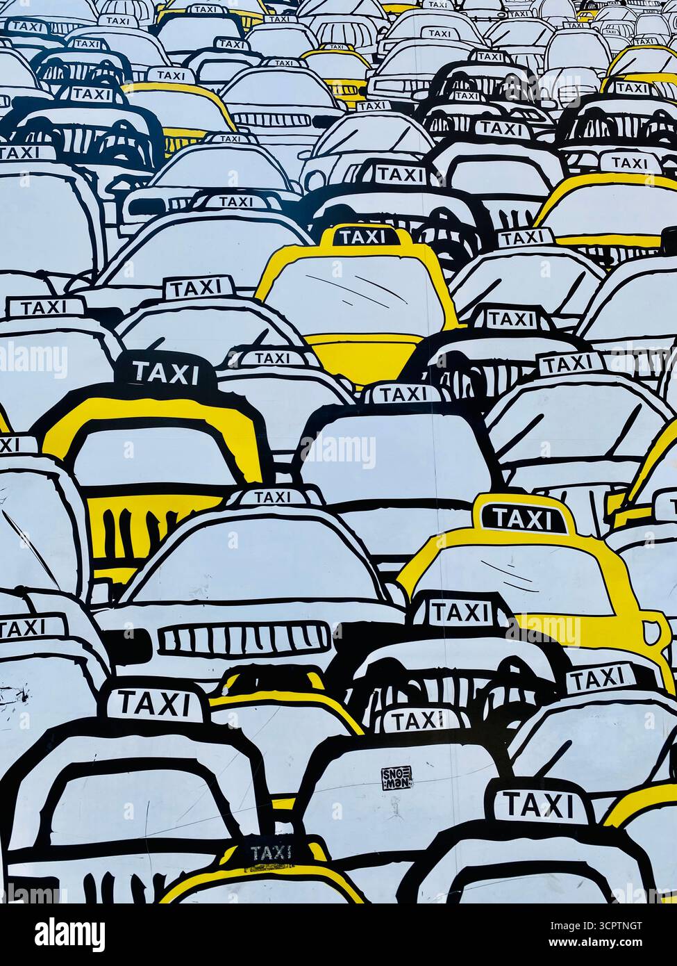 Illustration de dessins animés de taxis bondés dans la circulation urbaine avec palette jaune et blanche Banque D'Images