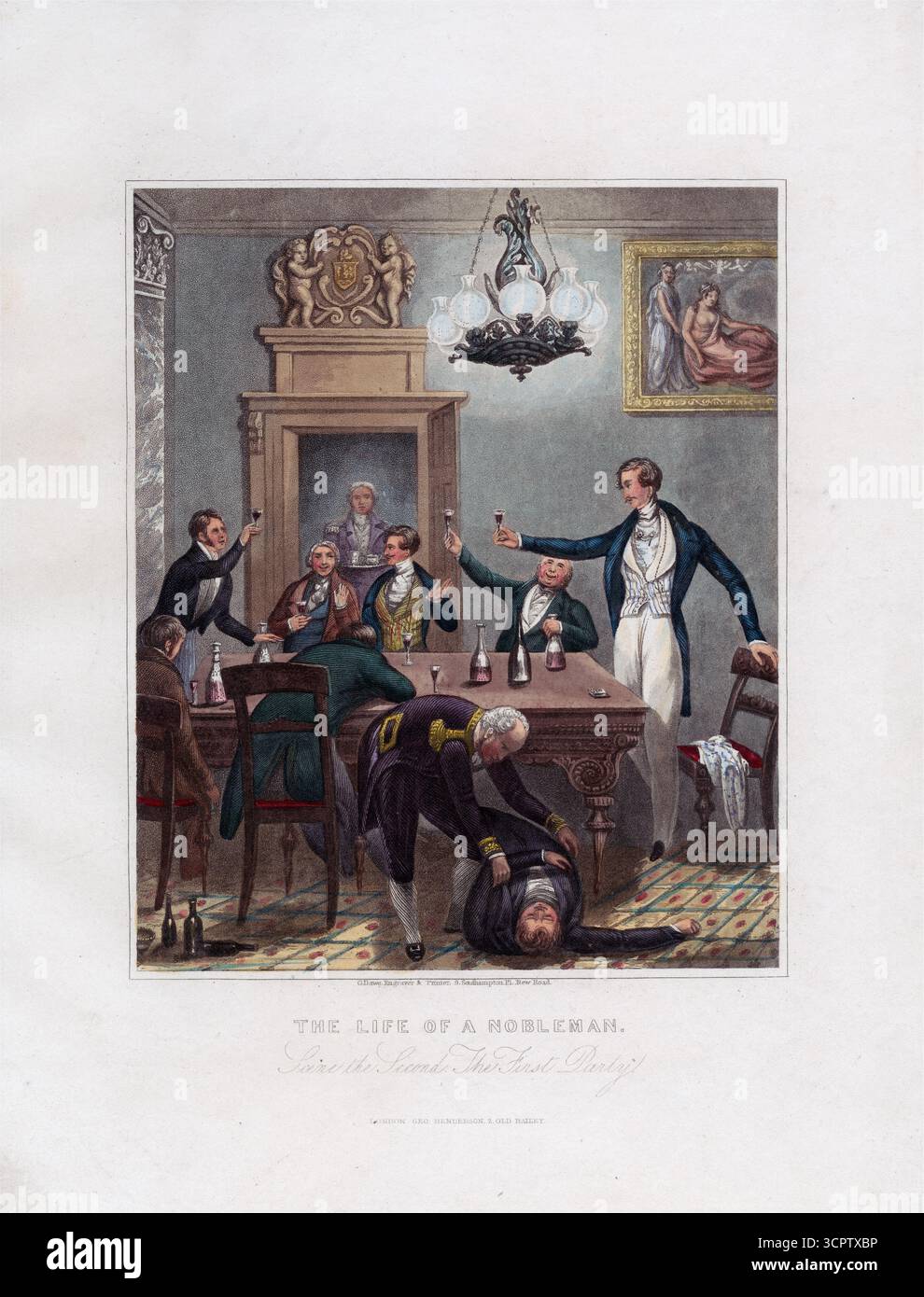 The First Party de George Dawe 1825, de la vie d'un noble une œuvre d'art mezzotint colorée, gravure antique du XIXe siècle Banque D'Images