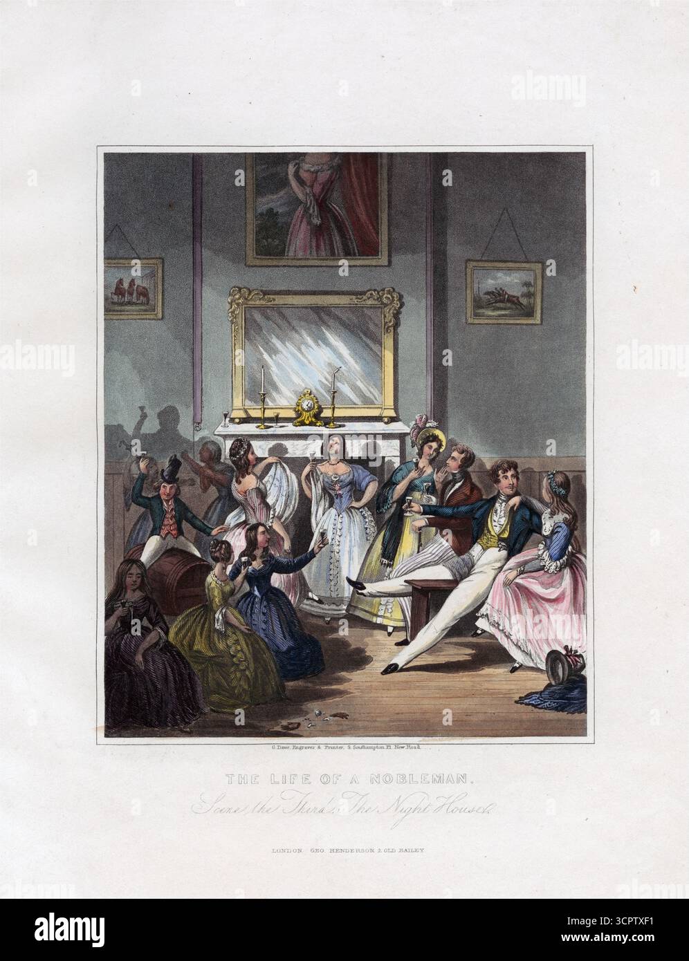 The Night House par George Dawe 1825, de la vie d'un noble une œuvre d'art mezzotint colorée, gravure antique du XIXe siècle Banque D'Images