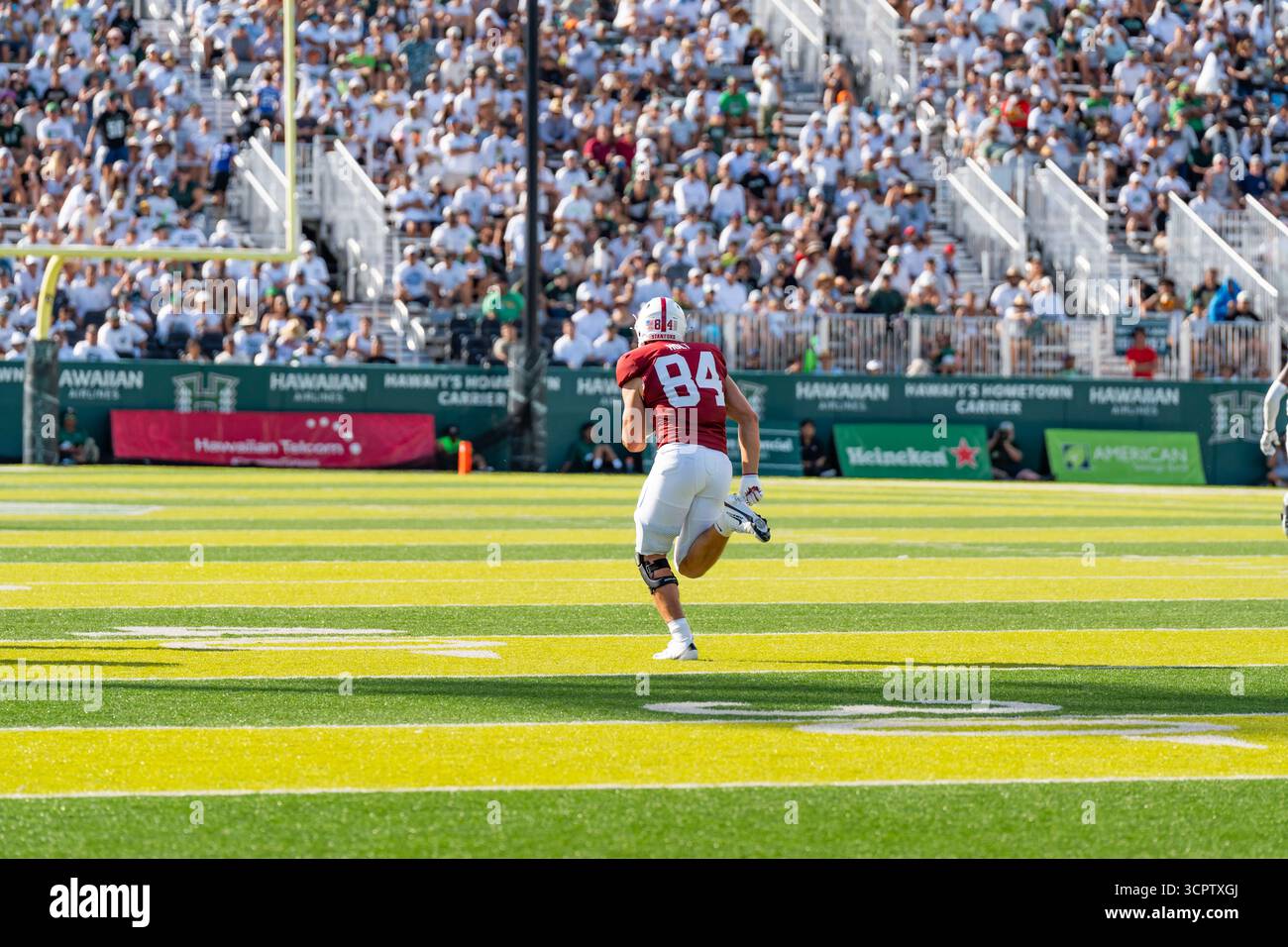 Redshirt sophomore Chico Holt fait une réception de 36 yards pour Stanford, sprint vers la zone d'extrémité avant d'être abattu dans un match clé contre Hawaii. Banque D'Images