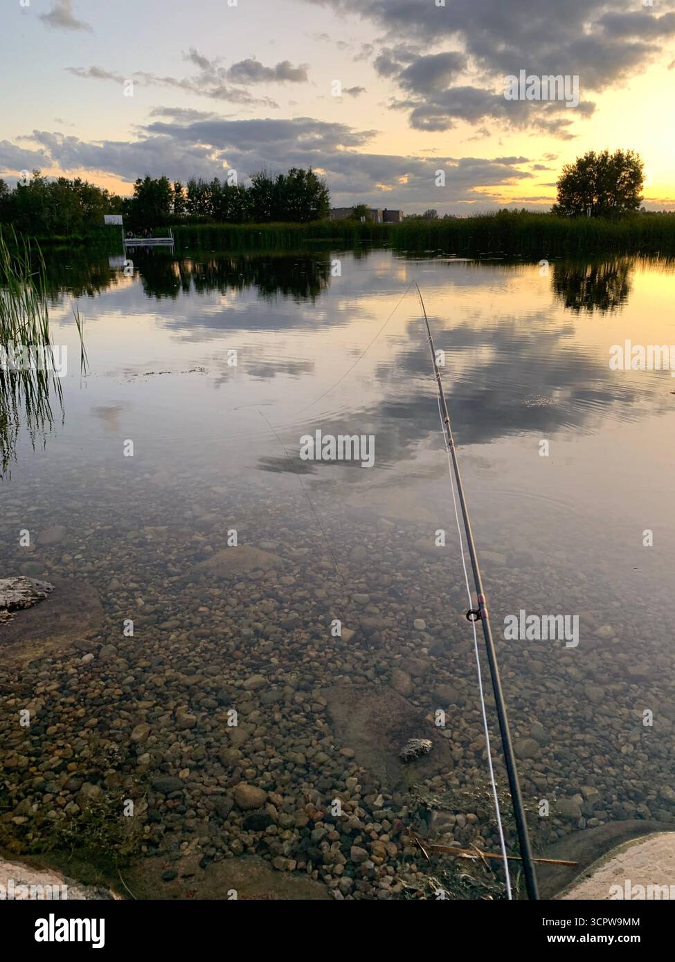 Pêche paisible au bord du lac au coucher du soleil avec une canne à pêche au premier plan, eau calme reflétant les nuages, entouré de roseaux et de rochers du rivage. - Image de stock capturée avec un smartphone