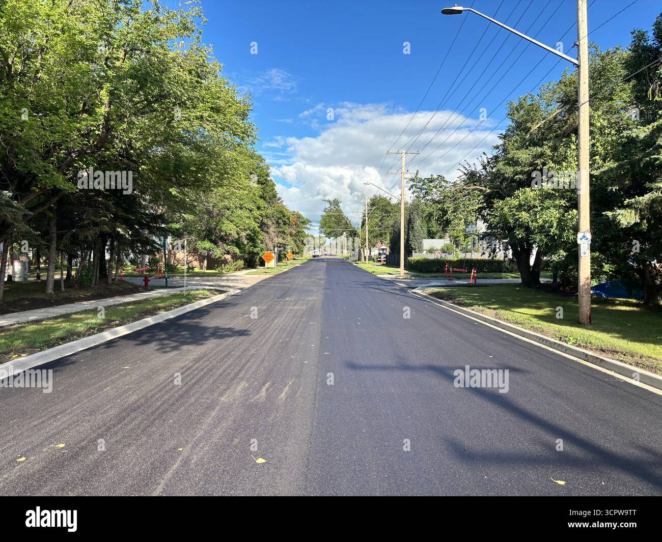 Rue résidentielle fraîchement pavée, montrant une nouvelle surface lisse en asphalte, des arbres en bordure de route et des lignes électriques dans un quartier de banlieue. - Image de stock capturée avec un smartphone