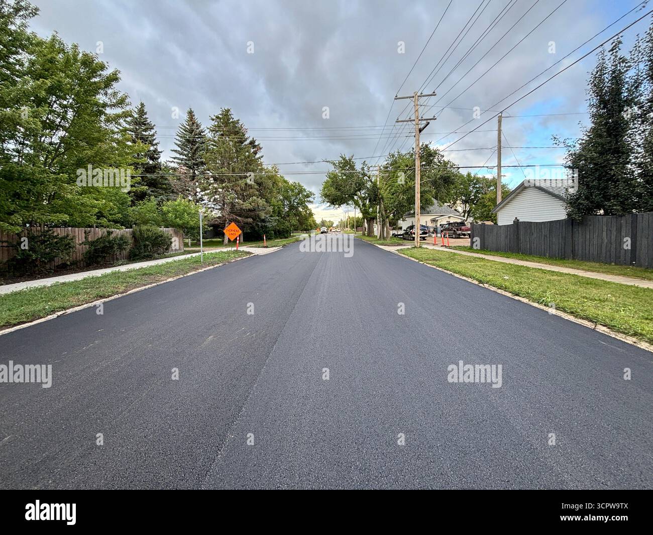 Rue résidentielle fraîchement pavée, montrant une nouvelle surface lisse en asphalte, des arbres en bordure de route et des lignes électriques dans un quartier de banlieue. - Image de stock capturée avec un smartphone