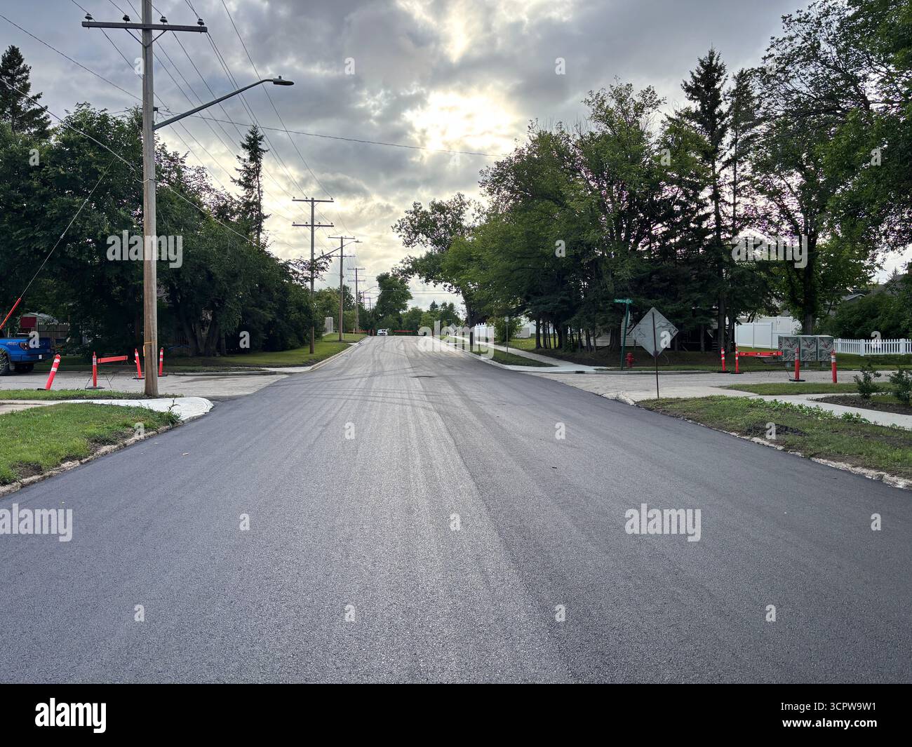 Rue résidentielle fraîchement pavée, montrant une nouvelle surface lisse en asphalte, des arbres en bordure de route et des lignes électriques dans un quartier de banlieue. - Image de stock capturée avec un smartphone