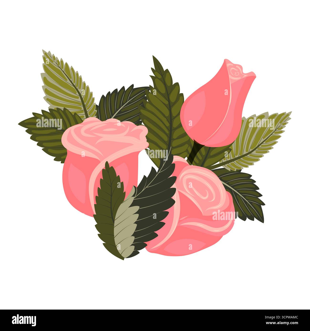 Un arrangement de roses roses claires élégantes, un bourgeon et des feuilles. Illustration vectorielle sur un fond blanc. Illustration de Vecteur Un arrangement de roses roses claires élégantes, un bourgeon et des feuilles. Illustration vectorielle sur un fond blanc. Illustration de Vecteur