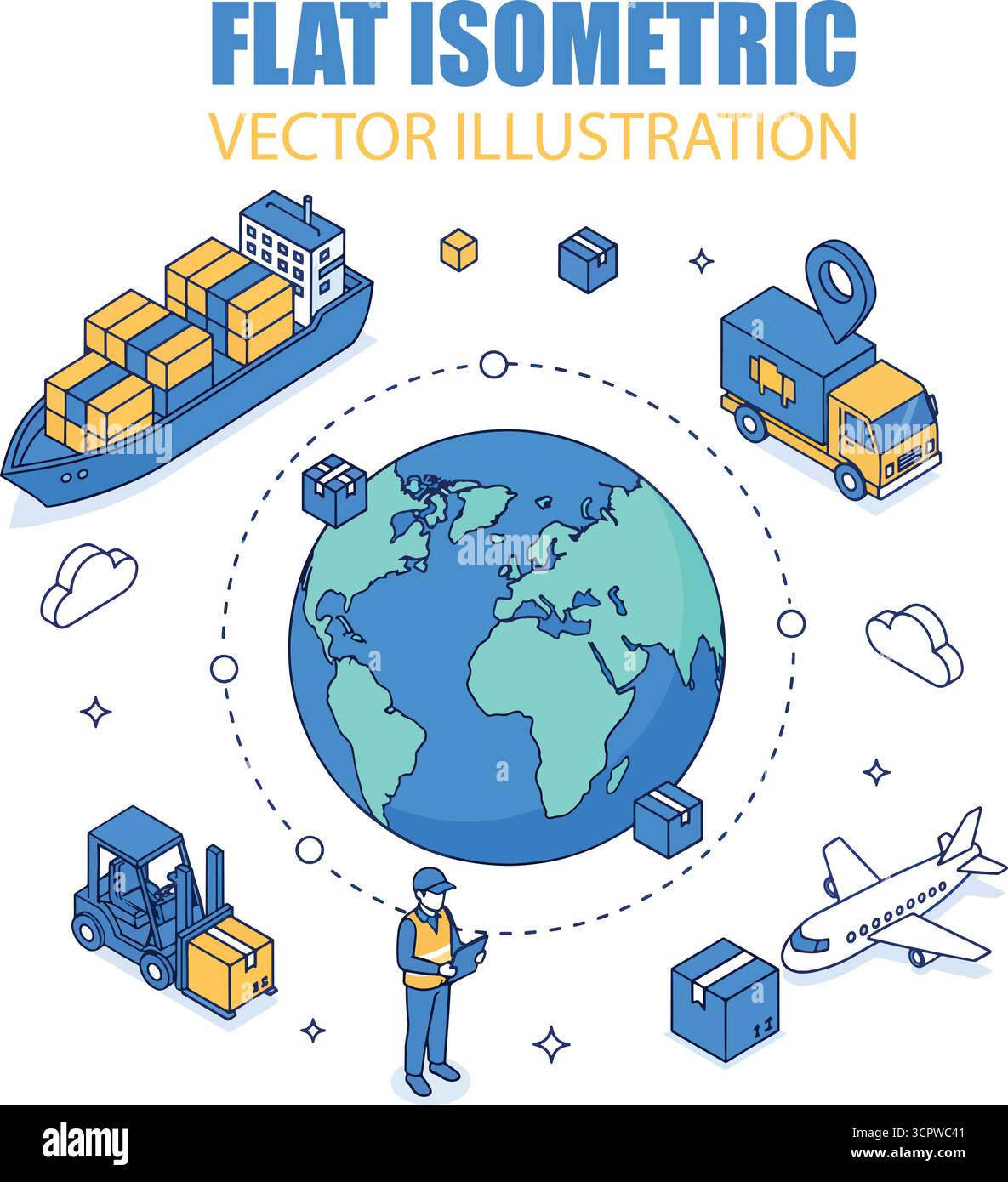 Chaîne d'approvisionnement avec cargo, avion, camion de marchandises. Сustoms inspecteur officier au dédouanement de la cargaison. Logistique globale, livraison, transport de marchandises co Illustration de Vecteur