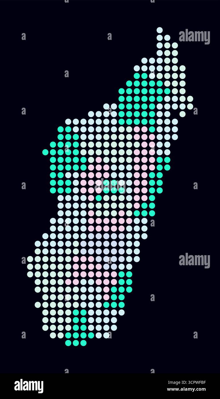 Carte en pointillés de Madagascar. Carte de style numérique du pays sur fond sombre. Forme Madagascar avec des points circulaires. Style de points colorés. Cercles de grande taille. Illustration de Vecteur
