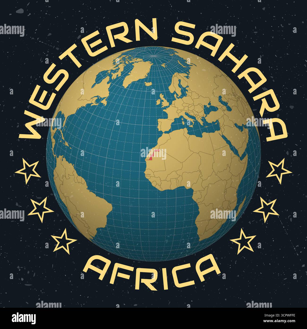 Sahara Occidental sur Globe. Nom du pays dans le texte rond. Look vintage avec texture grunge rayée. Illustration de Vecteur