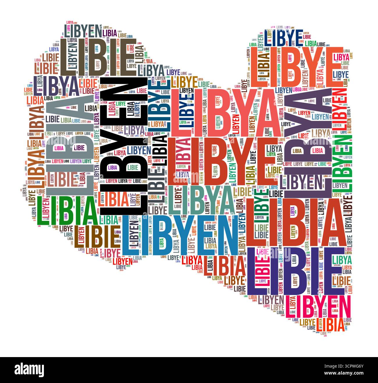 Nuage de mots en forme de pays Libye. Illustration de pays de style typographique. Image Libye dans le style nuage de texte. Illustration vectorielle. Illustration de Vecteur