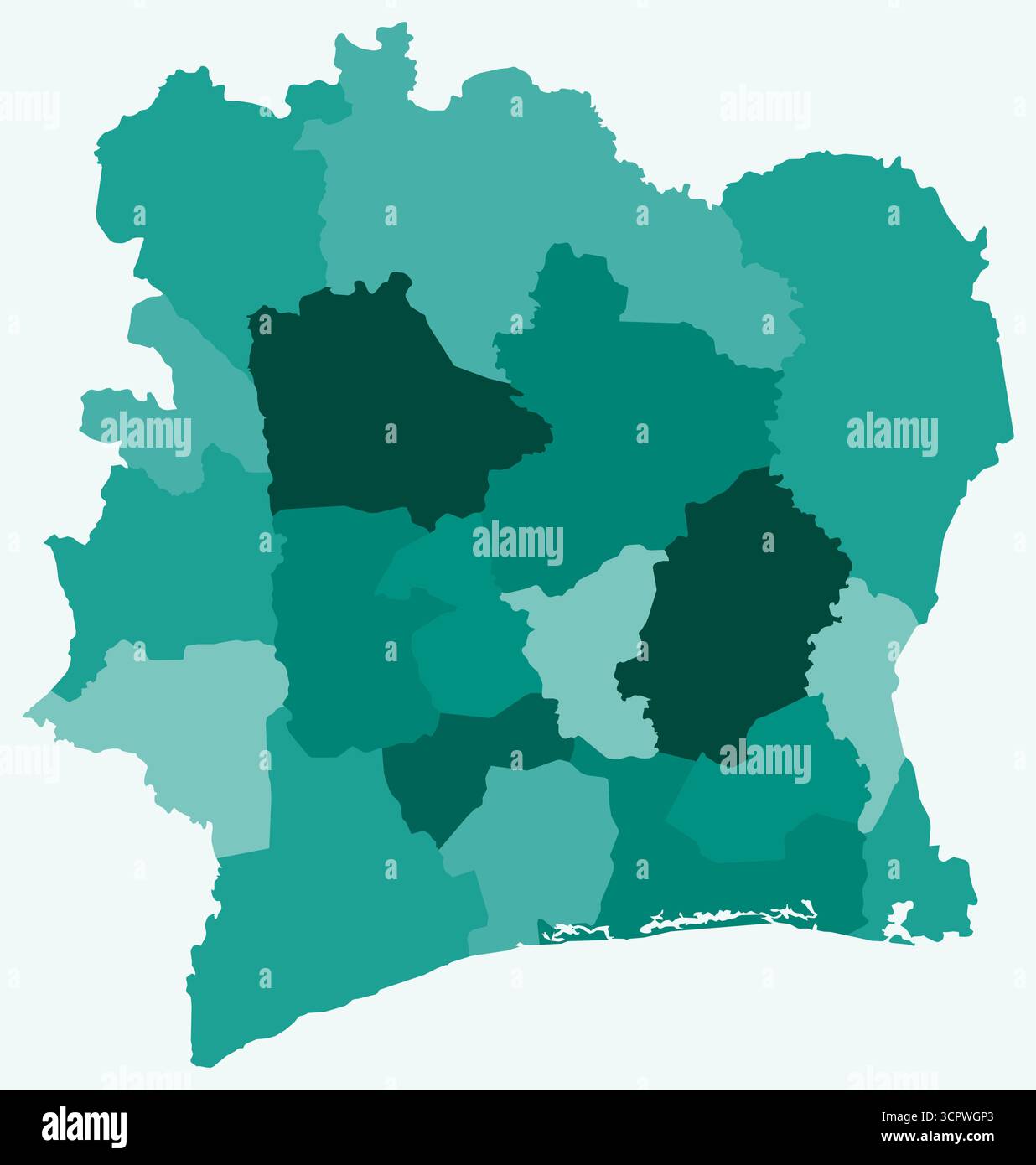 Carte de Côte d'Ivoire avec les régions. Juste une carte de frontière de pays simple avec division de région. Palette de couleurs sarcelle. Illustration de Vecteur