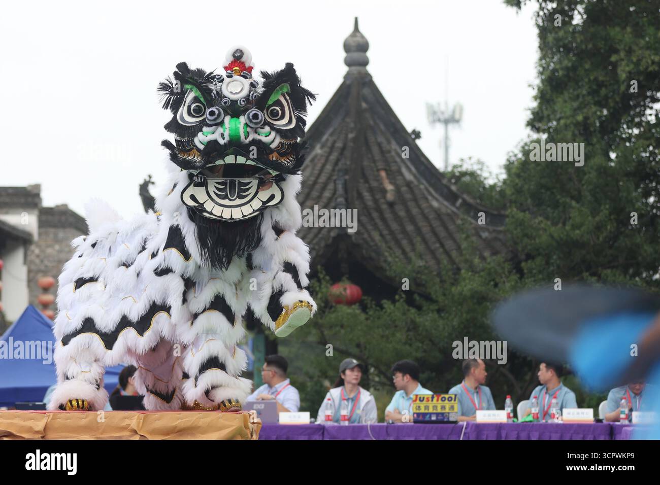 Les membres de l'équipe de danse Lion de Shenzhen Bao'an Xixiang Haoye Huang Liansheng sont en compétition. Nanjing, China.27th septembre 2025. Lors de la traditionnelle compétition du Lion du Sud des Championnats du monde du Roi Lion de Chine 2025 qui s’est tenue à Nanjing, capitale de la province du Jiangsu dans l’est de la Chine, les équipes participantes de Chine, Singapour, Afrique du Sud, États-Unis et d’autres pays se sont relayées pour montrer leurs compétences uniques sur scène, le 27 septembre 2025. Crédit : Yang Bo/China News Service/Alamy Live News Banque D'Images