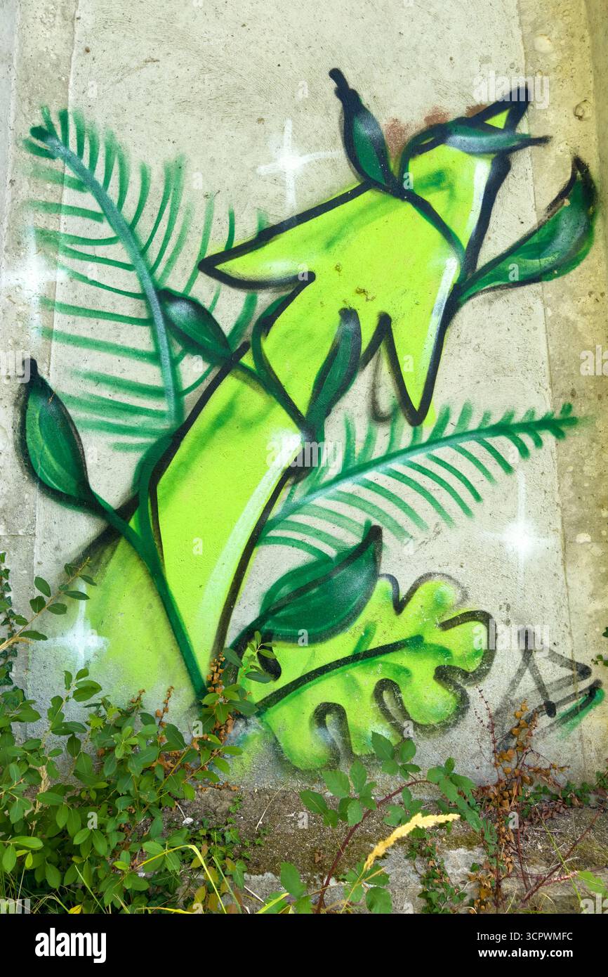 Murale verte vibrante d'art de rue sur un mur de béton avec des feuilles tropicales, des fougères et des motifs botaniques aux contours noirs, entourés de vraies plantes Banque D'Images