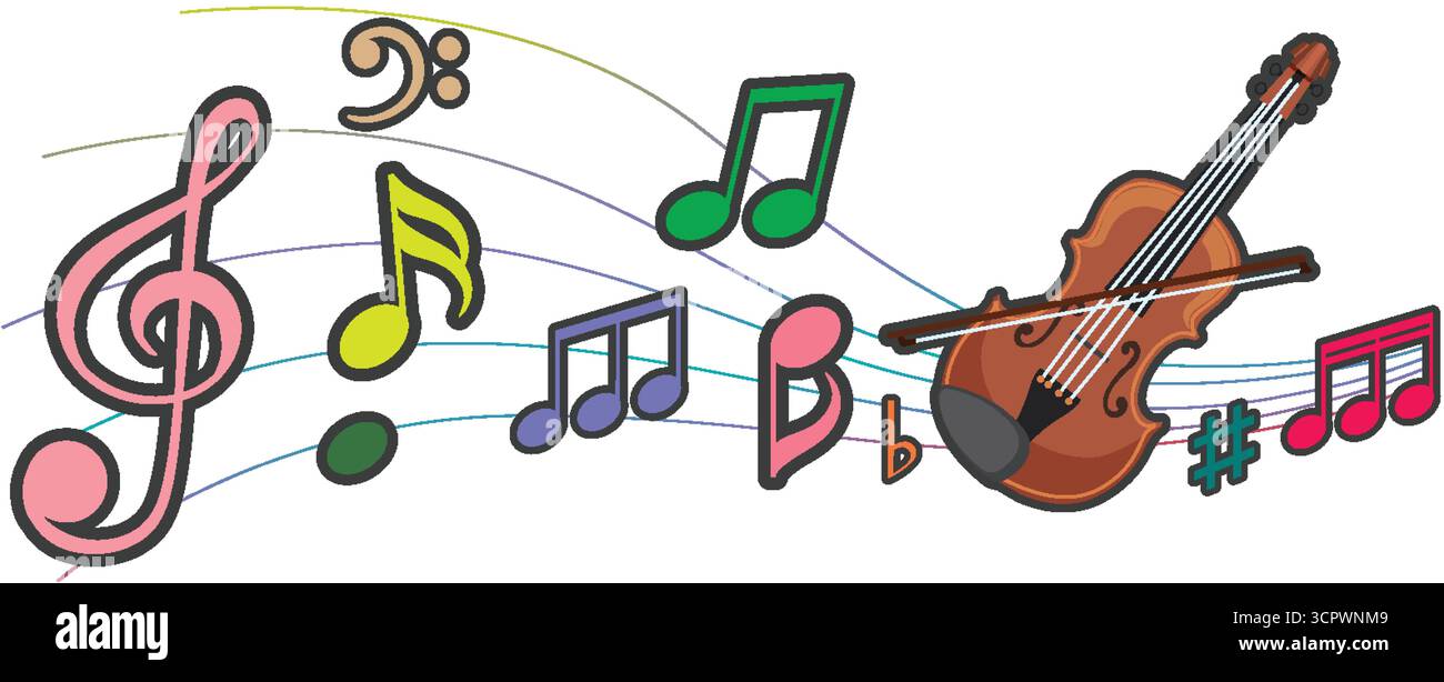 Illustration vectorielle colorée d'un violon avec des notes de musique vibrantes, des symboles et des lignes fluides dynamiques. Illustration de Vecteur