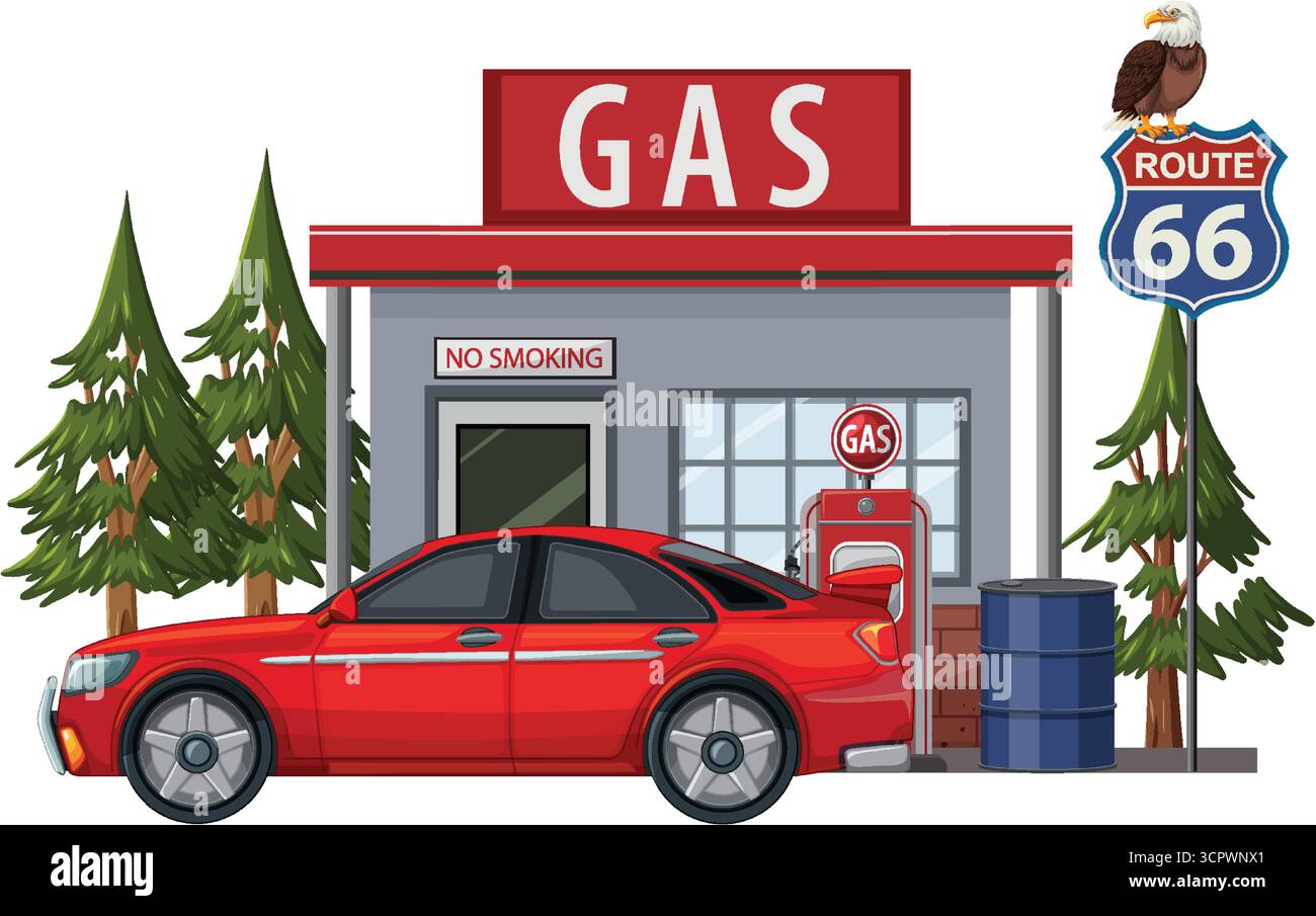 Berline rouge à la station-service vintage avec le signe de la route 66, pins, style vecteur plat. Illustration de Vecteur