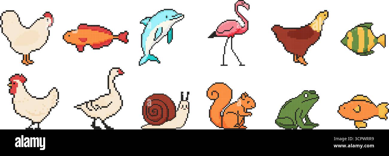 jeu d'animaux de 8 bits. Objets Pixel Art. Graphismes de jeu vintage old School. Poulet, dauphin, flamant rose, poisson, escargot, grenouille Illustration de Vecteur