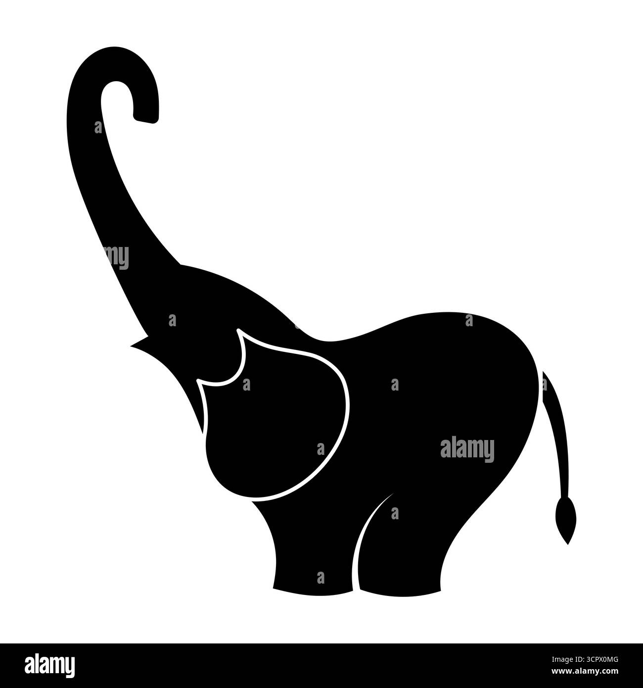 Illustration de silhouette d'éléphant. Un éléphant avec son tronc levé, symbolisant la chance et la positivité. Parfait pour les logos, branding, décorations. Illustration de Vecteur