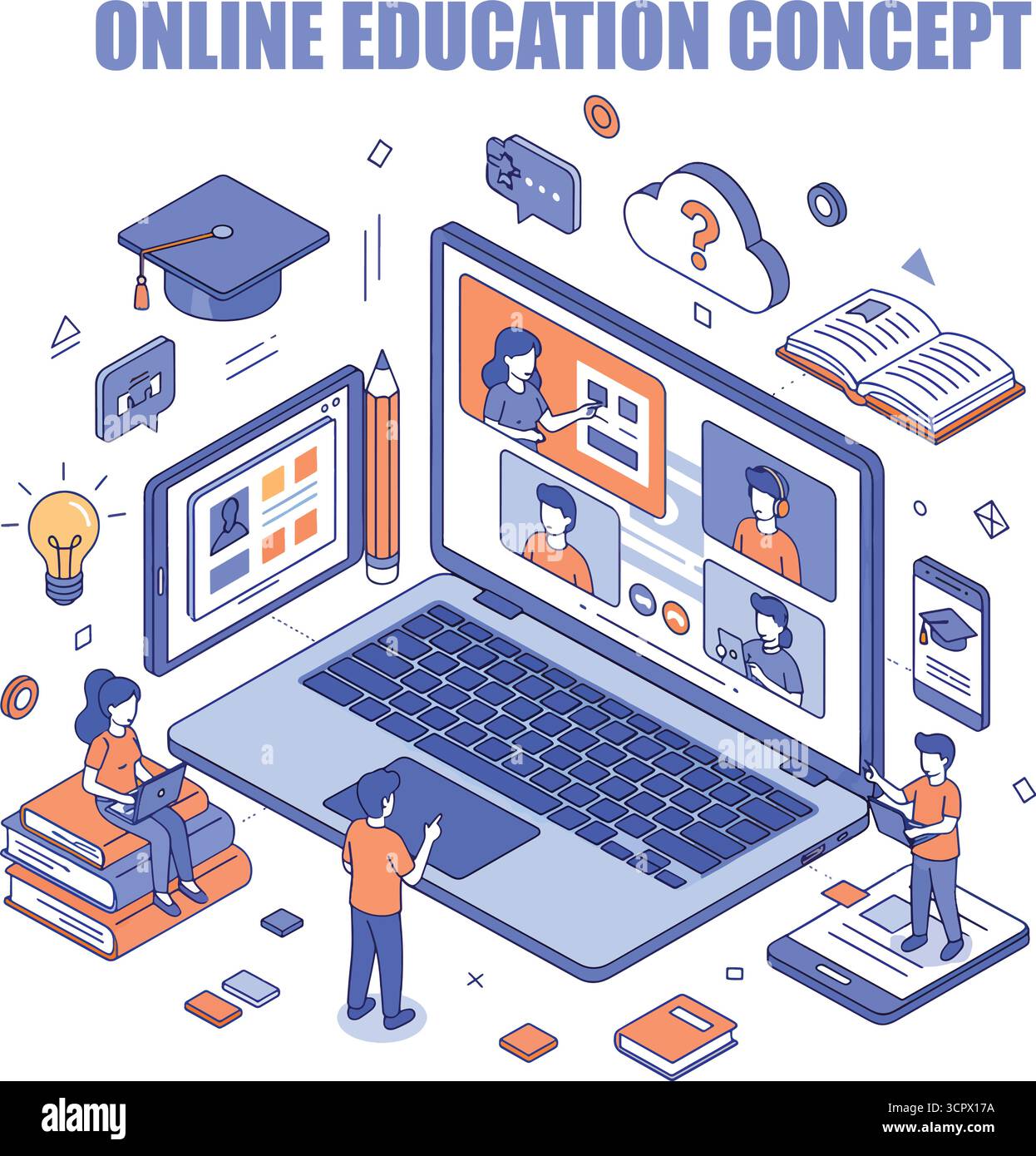 Concept d'éducation en ligne. Formation commerciale, apprentissage à distance, modèle de bannière de retour à l'école. Cours Internet, podcast, webinaire, tutoriel vidéo Illustration de Vecteur