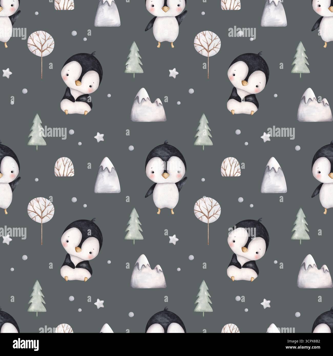 Des pingouins. Aquarelle dessin à la main motif sans couture avec de mignons bébés pingouins, des montagnes enneigées et un arbre d'hiver sur fond gris. Imprimé de dessin animé mignon pour ki Banque D'Images